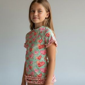 Ruffle Butts Mint Swim Rashguard with Pink & Coral Heart Print girls 8